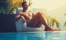 a man that is sitting in a chair next to some water