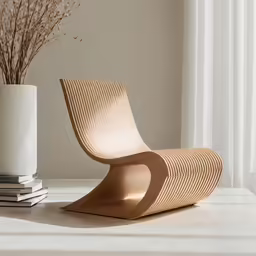 the curved wooden chair sits next to a vase