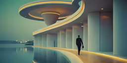 an elegant view of water and man walking along the walkway