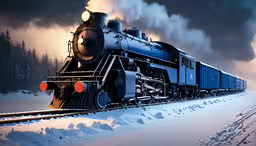 an old fashioned train engine is going through the snow,an artistic rendering of an old - fashioned steam train in the snow