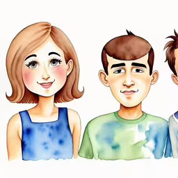 three people standing side by side one with a brown hair,an illustration of three people standing next to each other,an illustration of three people with two eyes,this is a family picture in watercolor,the three people are facing right up