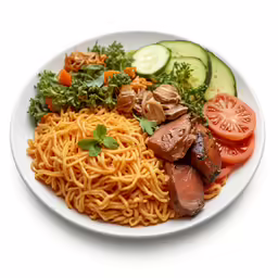 a plate of noodles, meat, vegetables and vegetables
