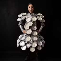 a woman dressed in a robot suit standing near white bowls