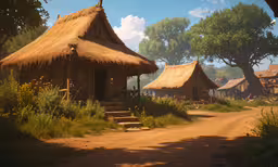 some people are in the dirt by a house,a village with small huts, trees and dirt road