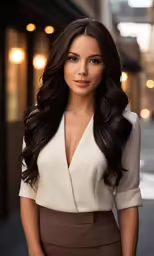 a woman with long black hair posing on the street