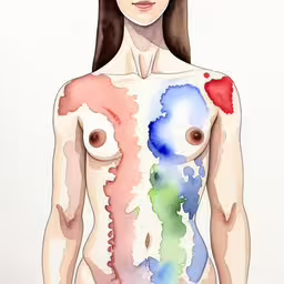 a painting of two women with their backs to each other,this is a painting of a person with colorful shapes