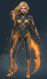 a female character with flames and fire around her