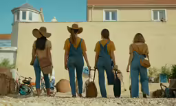 four women wearing hats and overalls are walking down a street