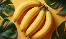 some bananas that are next to leaves on a table
