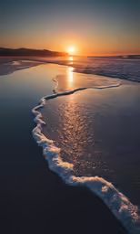 the sun setting behind a wave coming in on the shore