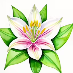 a watercolor drawing of a lily flower with green leaves