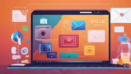 the back view of an open laptop computer,a laptop computer with many icons on a colorful background