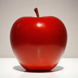 a shiny red apple sits in the middle of a white table