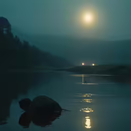 a dark night on the water with a full moon rising over the shore