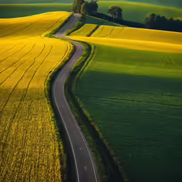 the road runs through a field of crops