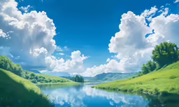 beautiful clouds reflect on a blue sky above a green valley
