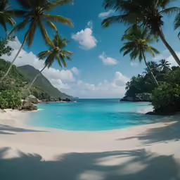a view of a lagoon, sandy beach and mountain