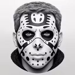 a young man is wearing black and white paint on his face