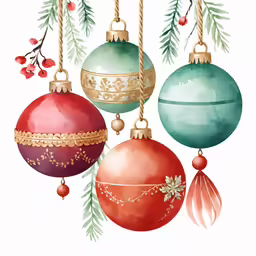 watercolor christmas ornaments, with greenery and red berries