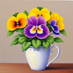 a painting of pansies sitting inside of a blue and white vase,colorful pansies on display in a white vase