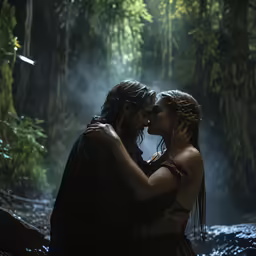 a man and woman in the woods on their sides