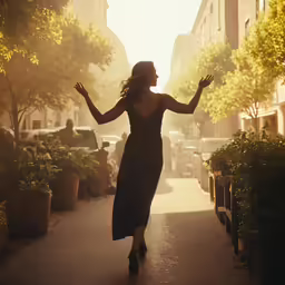 a woman in black dress walking down a street