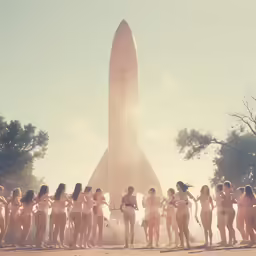 several girls standing in front of a rocket with the word num - num written on it