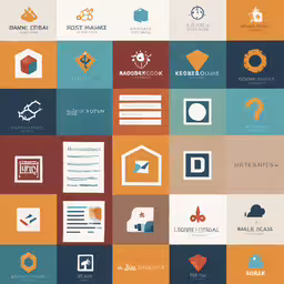 colorful logos and symbols displayed on squares,a large array of icons and shapes are arranged