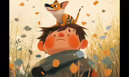 a small boy sitting on top of a cat