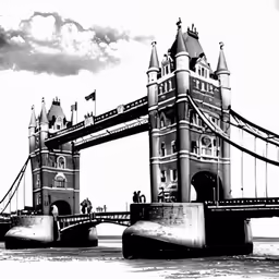 this black and white photo is of a suspension bridge