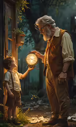 a man putting money in a clock with a young boy