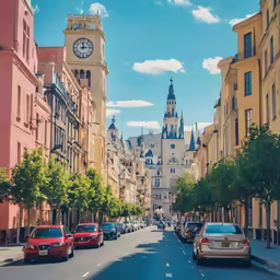 a view down a street in front of buildings with cars parked along both sides and a clock tower at the top