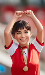 a girl is smiling with her arms above her head