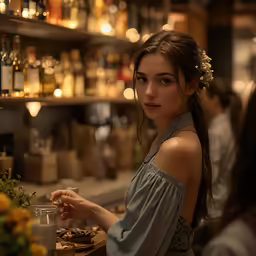 a woman holding a cup in her hand while sitting at a bar