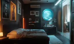 bedroom with artwork and a full moon