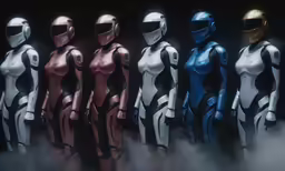 several colorful costumes, all made in metallic and leather