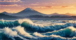 sunset with a large wave in front of an island,the sun sets on a mountain and ocean with crashing waves