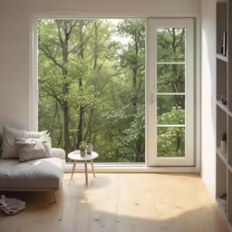 a large window looks out onto a wooded forest