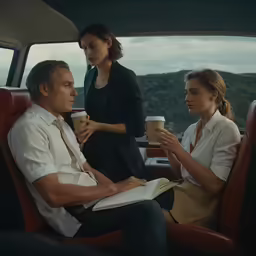three people are in the back seat of a vehicle talking