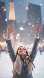 a woman in grey coat on street with hands raised up