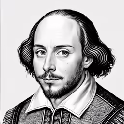 the drawing shows a black and white photo of william shakespeare