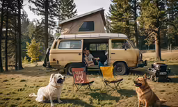 a woman sitting in a camper van next to two dogs