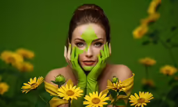 a woman with green face and yellow daisies in front of her