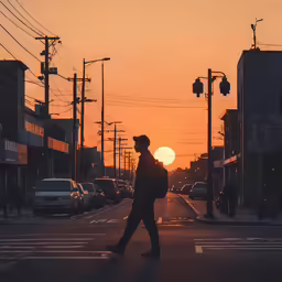 a man with a suitcase walks across an intersection at sunset