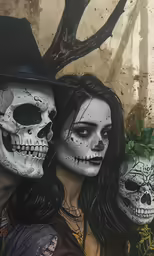 a couple with their faces painted like skeletons