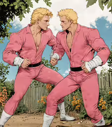 two people in pink suits standing in a yard,two young men in pink outfits one with white gloves, the other wearing red