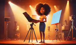 woman in blue dress standing next to a painting,a animated character in an orange and white suit