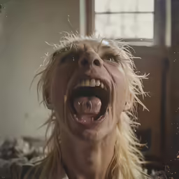 a woman with blonde hair has her mouth open