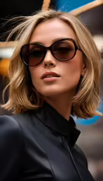 the blonde woman in glasses is wearing an all black outfit