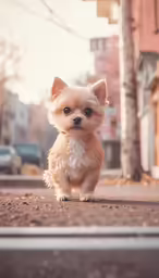 a small dog is standing on the sidewalk